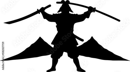 Silhouette of a samurai warrior wielding two katanas against a backdrop of mountain peaks in black and white