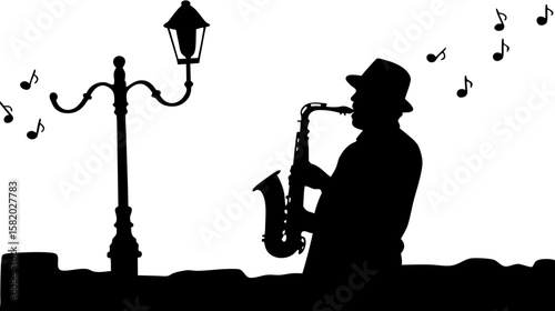 Silhouette of a musician playing saxophone next to a street lamp with musical notes floating around him