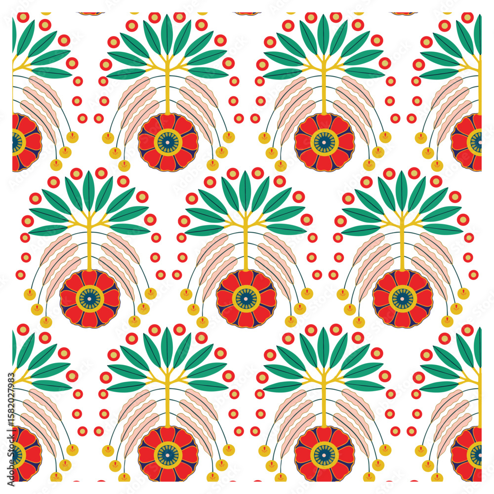 Naklejka premium Repeating design of flowers and leaves in various colors, forming a seamless pattern.