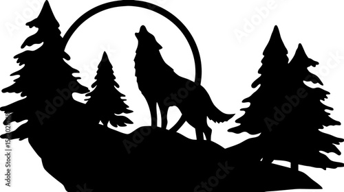 Silhouette of a wolf howling at the moon surrounded by pine trees on a rocky landscape design vector
