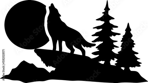 Silhouette of a howling wolf on a rock with a full moon and pine trees in a black and white landscape