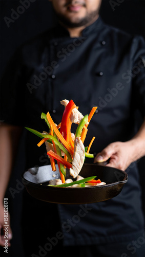 Chef Tossing Stir-Fry with Colorful food ingredients in a Pan