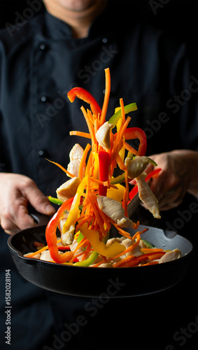 Chef Tossing Stir-Fry with Colorful food ingredients in a Pan
