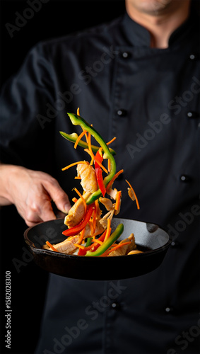 Chef Tossing Stir-Fry with Colorful food ingredients in a Pan