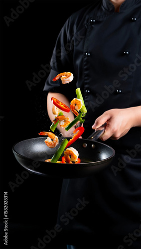 Chef Tossing Stir-Fry with Colorful food ingredients in a Pan