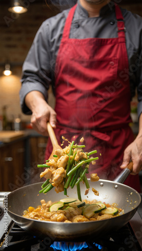 Chef Tossing Stir-Fry with Colorful food ingredients in a Pan