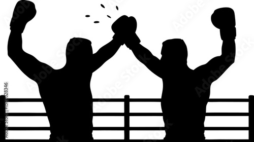 Two boxers celebrating victory in the ring with raised gloved hands in black and white silhouette style