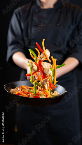 Chef Tossing Stir-Fry with Colorful food ingredients in a Pan