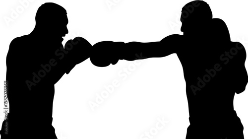 Silhouette of two boxers in action exchanging punches during a boxing match in a boxing ring scene