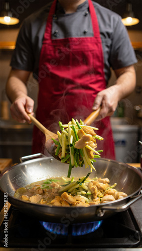 Chef Tossing Stir-Fry with Colorful food ingredients in a Pan