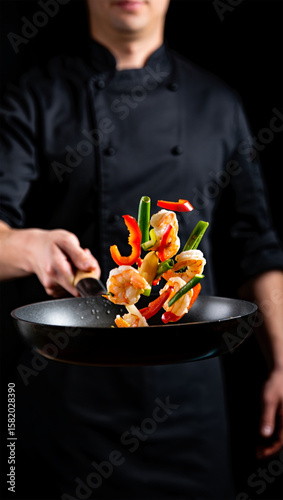 Chef Tossing Stir-Fry with Colorful food ingredients in a Pan