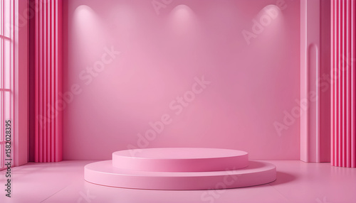 Minimalist pink podium with spotlight in modern interior 