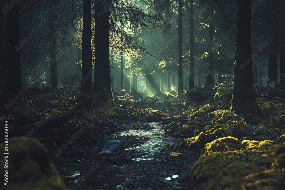 Obraz premium Misty forest creek path. Sunlight beams through dense trees