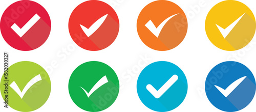 Free Download Colorful Circular Check Mark Icons with Long Shadow in Flat Style for UI Design and Infographics - GFXLoad