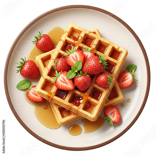 Delicious Golden Waffles with Fresh Strawberries and Maple Syrup Served on a Plate for Sweet Breakfast or Brunch