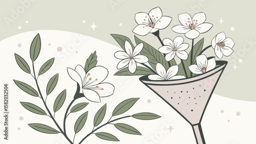 Elegant white flower bouquet in funnel vase vector illustration floral design art print home decor botanical