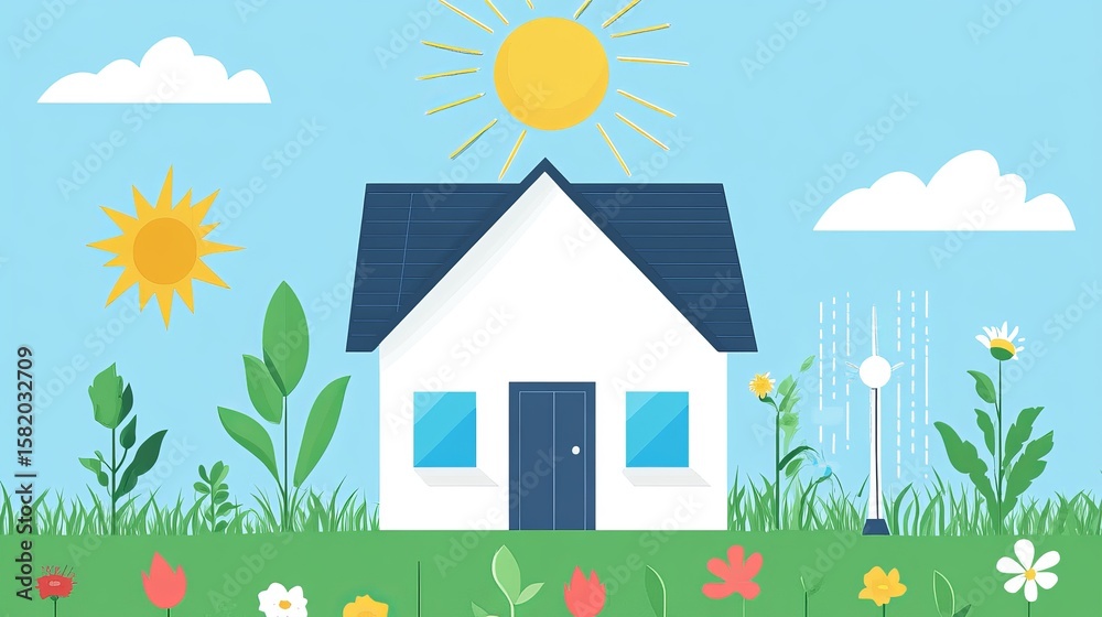 Fototapeta premium A cheerful illustration of a house surrounded by lush greenery, bathed in sunshine, showcasing a tranquil and idyllic suburban home setting