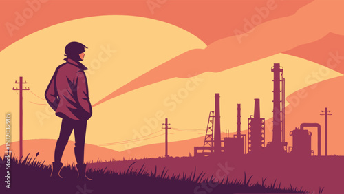 Man standing looking at industrial oil refinery plant silhouette at sunset landscape vector graphic