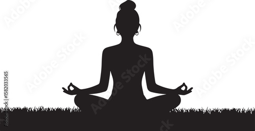 Silhouette of Woman Meditating in Lotus Position on Grass Checkered
