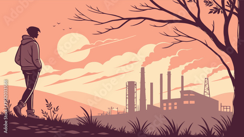 Illustration of man walking towards industrial factory pollution at sunset landscape vector artwork