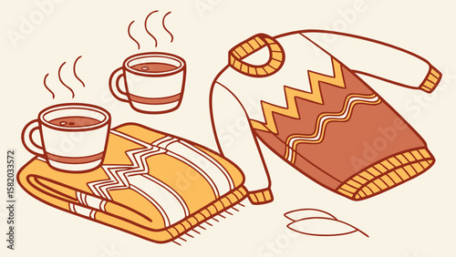 Cozy autumn scene featuring two steaming mugs of hot beverage resting on a folded patterned blanket next to a warm knitted sweater and falling leaves