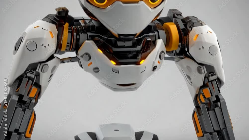 Close-up of a small, white and orange robot with glowing orange accents. The robot has a sleek, futuristic design with visible mechanical parts. It is set against a plain white background Close-up of a small, white and orange robot with glowing orange accents. The robot has a sleek, futuristic design with visible mechanical parts. It is set against a plain white background