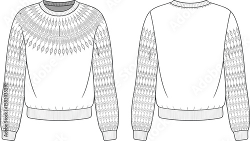 Flat sketch of jacquard knit sweater with round neck, long sleeves, rib hem, intricate pattern, front and back view included