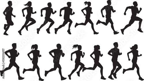 Silhouettes of men and women running runners athletes