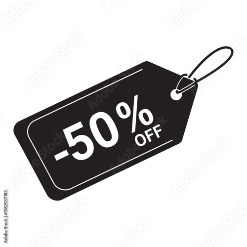 Black and white discount tag displaying fifty percent off on a promotional offer for customers