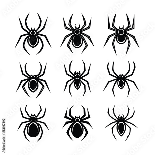A set of black silhouettes of a spider vector