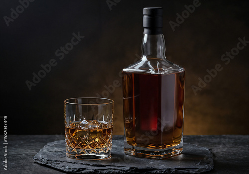 mockup of empty bottle with strong alcohol and glass . Generative AI