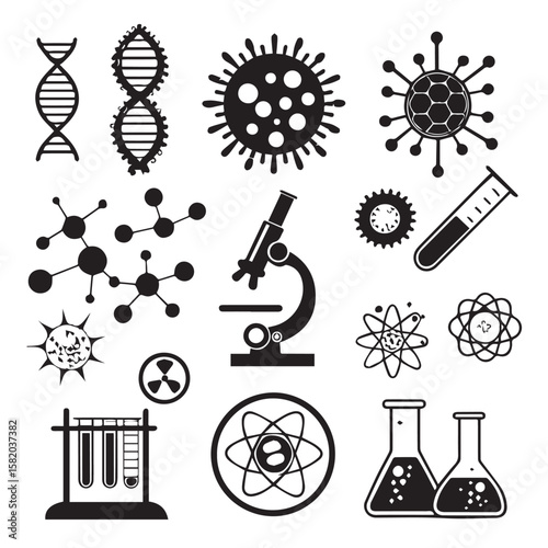 Vector Icons set of Biology. DNA, Microscope, Test tube, nucleus, mitochondria, Bacteria, cells and more. vector and illustration