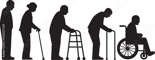 Silhouettes of people aging with mobility aids elderly cane