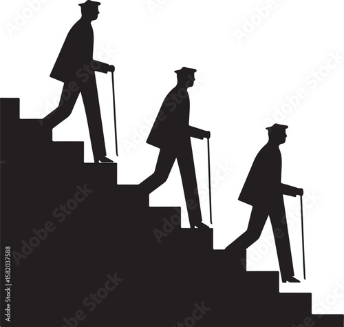 Silhouettes of men walking up stairs with canes vector