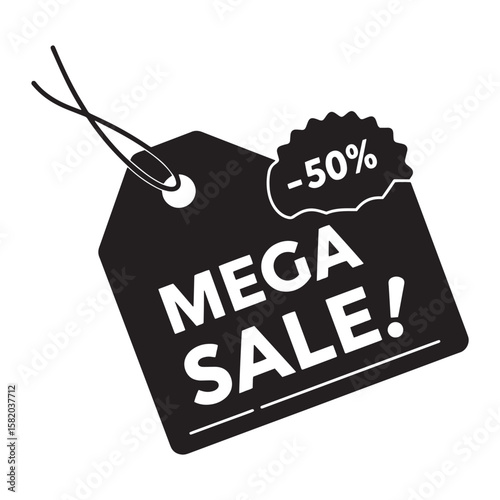 Black and white mega sale tag with fifty percent off sale icon isolated on white background
