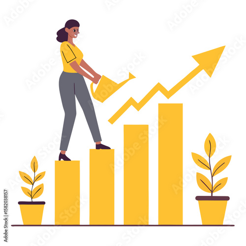 Smiling darkskinned woman waters growth graph, indicating increase over time with transparent background