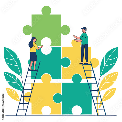 Two individuals position jigsaw pieces while ascending ladders, integrating them into a colorful puzzle