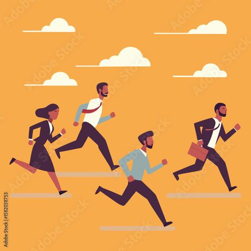 Diverse business team is urgently running together beneath a cloudy sky on orange background