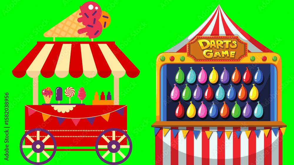 Obraz premium Circus carnival wagon Amusement park & Darts Game with Balloons on the wall illustration on green background 