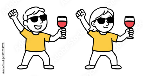 Man And Woman Holding Red Wine Glass with Sunglasses. Celebration, Party Pose, Summer Fun Concepts. Hand-Drawn Doodle Style Vector Illustration