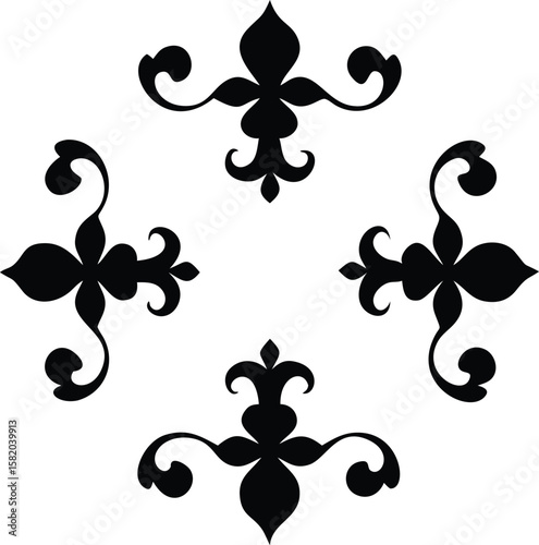 Black fleur delis ornate scrollwork decorative elements isolated on transparent background