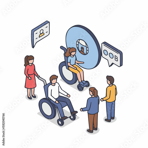 Inclusive teamwork concept with people in wheelchairs, disability and support illustration