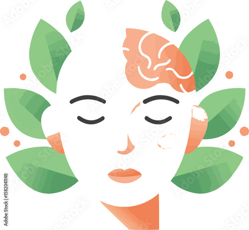 Brain health and mental well-being concept with leaves and face silhouette