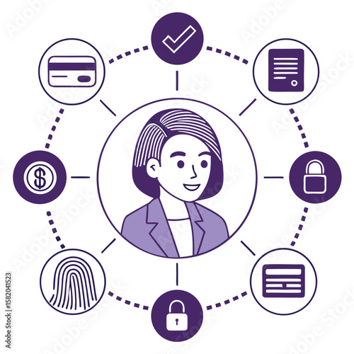 Smiling woman in circle is surrounded by technology icons symbolizing security online