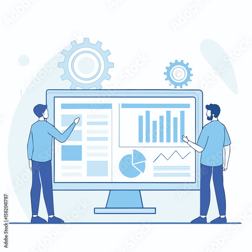 Two Caucasian men analyze data on a large computer screen with charts and gears