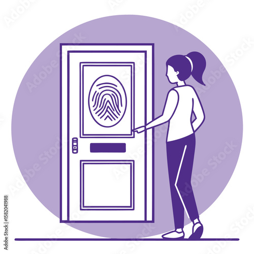 Monocolor sketch of woman activating a biometric fingerprint door access control with transparent background