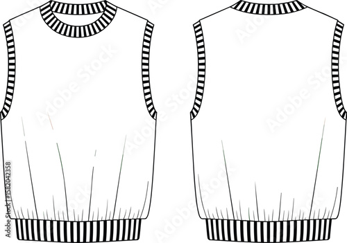 Flat sketch of sleeveless knit vest with striped ribbing on neck, armhole, and hem, perfect for casual unisex fashion design