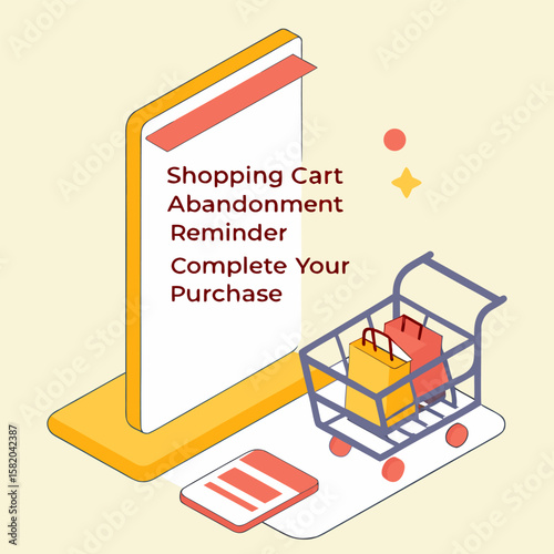 Conceptual illustration of a shopping cart abandonment reminder with text encouraging customers to complete their purchase symbolizing e commerce marketing and customer retention strategies