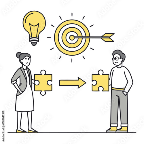 Lightbulb illuminates business solution as Caucasian professionals exchange puzzle pieces to achieve target