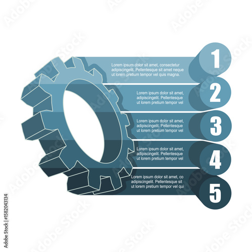 Isometric thin line style model of gear. Concept of five features or option of project to select. Minimal infographic illustration for business, technology and industry information visualization.